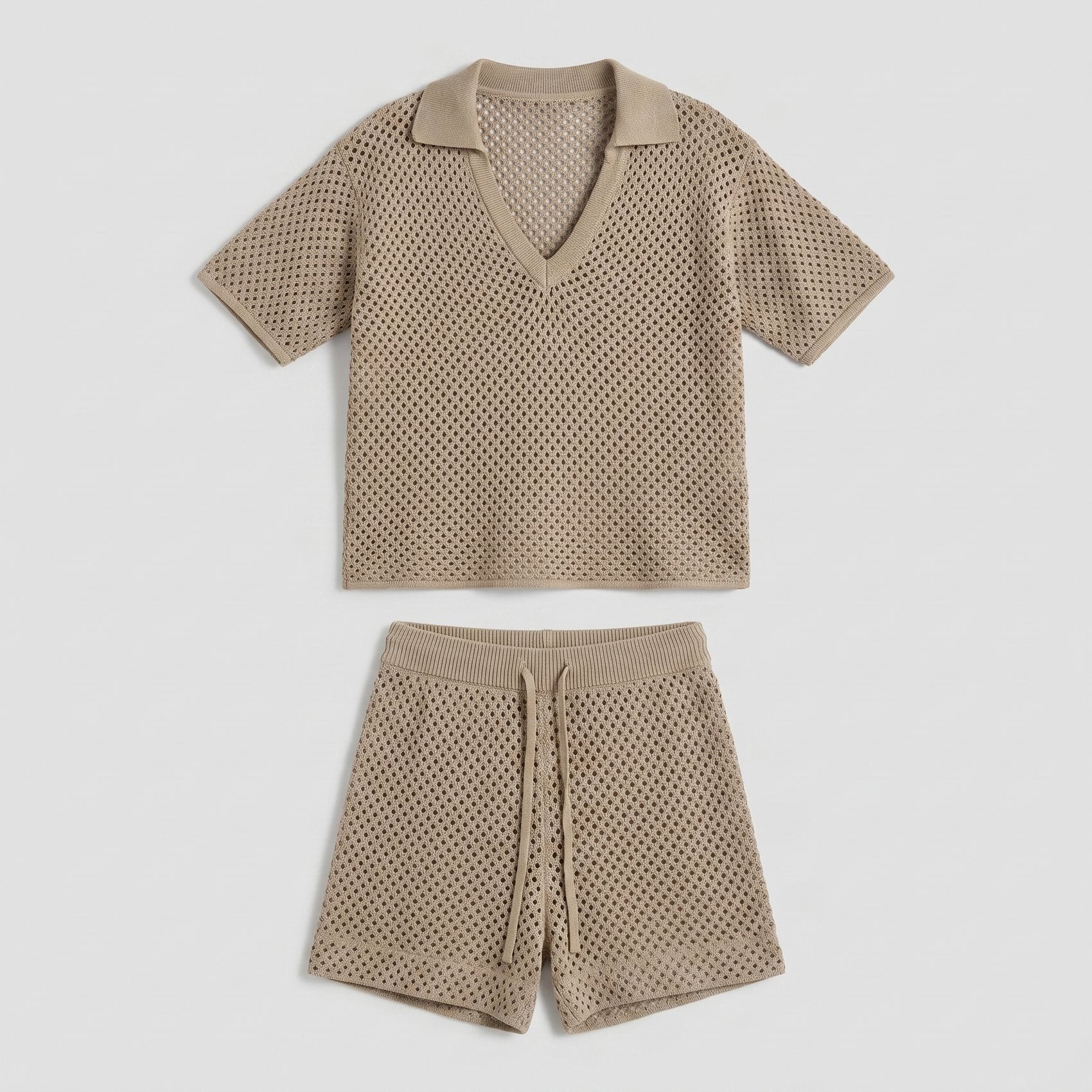 Khaki hollow-knit V-neck top and drawstring shorts set, short sleeves, pull-on style