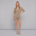 Khaki hollow-knit lounge set with V-neck tee and short drawstring shorts