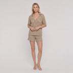 Khaki hollow-knit loungewear set: V-neck short-sleeve top and drawstring knit shorts