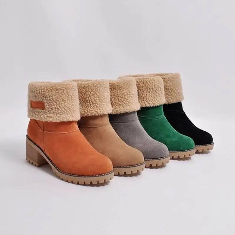 Women’s mid-calf winter boots display in orange, gray, black, and beige with shearling