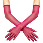 Sheer mesh elbow-length gloves in pink, with smooth fitted wrist cuffs