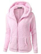 Pink hooded full-zip soft fleece jacket with high collar and textured sherpa fabric