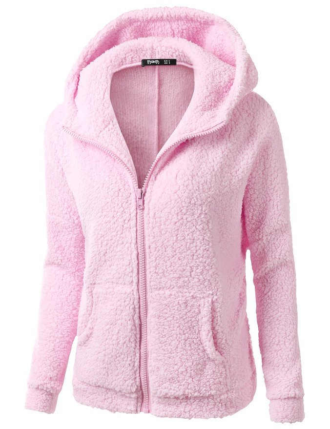 Pink hooded full-zip soft fleece jacket with high collar and textured sherpa fabric