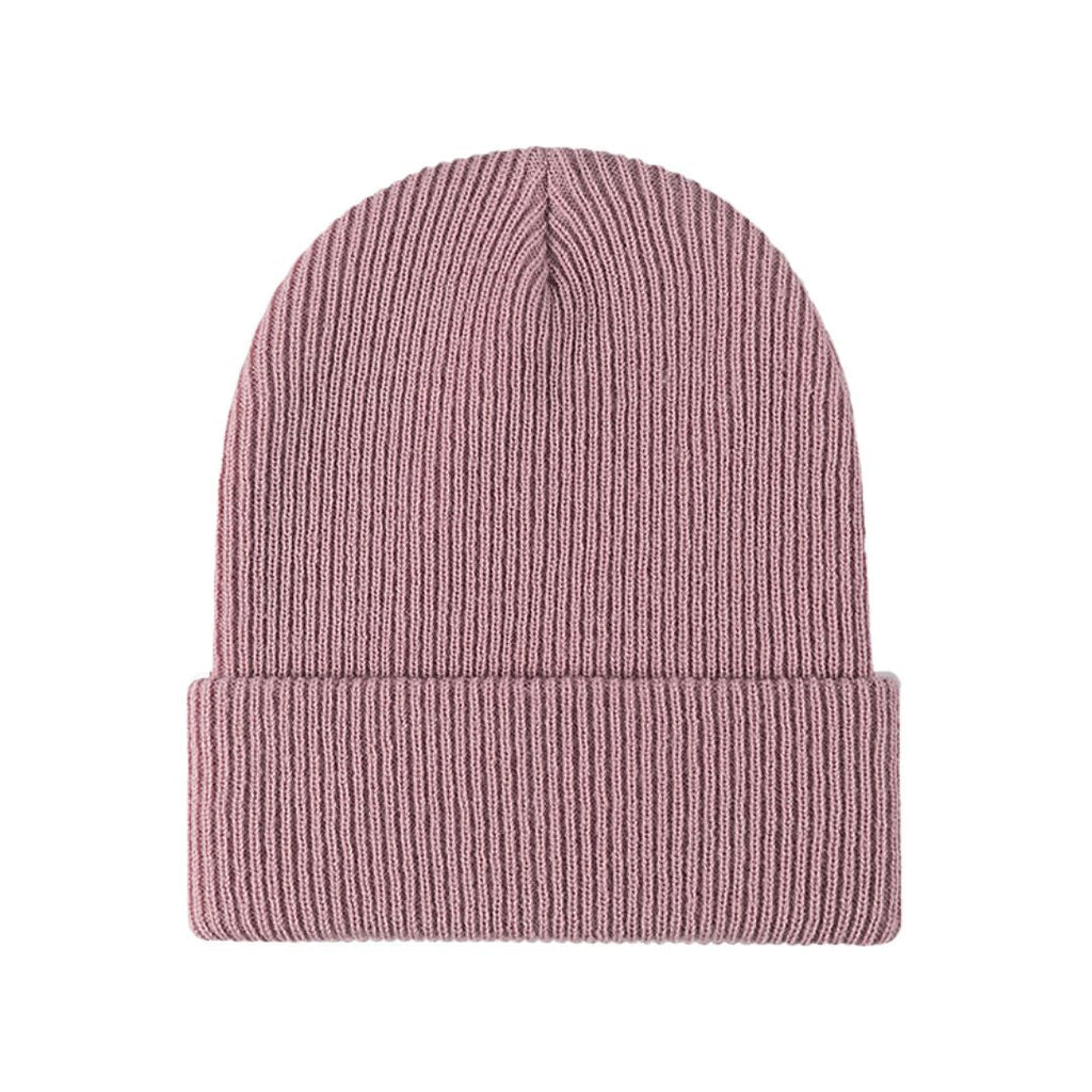 Pink knitted beanie with ribbed fold-over brim