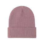 Pink knitted beanie with ribbed fold-over brim