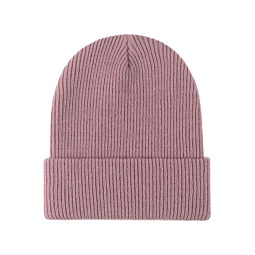 Pink knitted beanie with ribbed fold-over brim