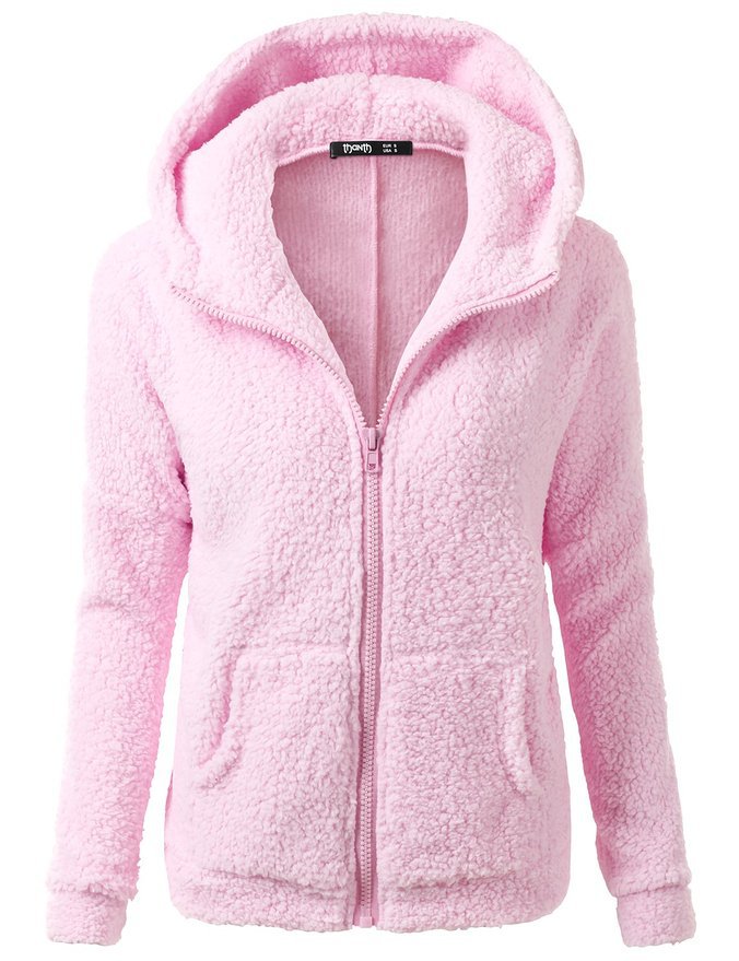 Soft fleece zip hoodie jacket with hood, light pink textured pile