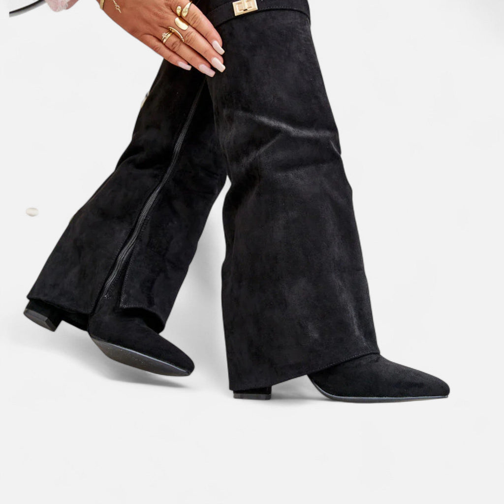 Black suede knee-high boots with pointed toe and mid block heel