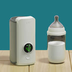 Rechargeable portable bottle warmer with green LED display and baby bottle on table