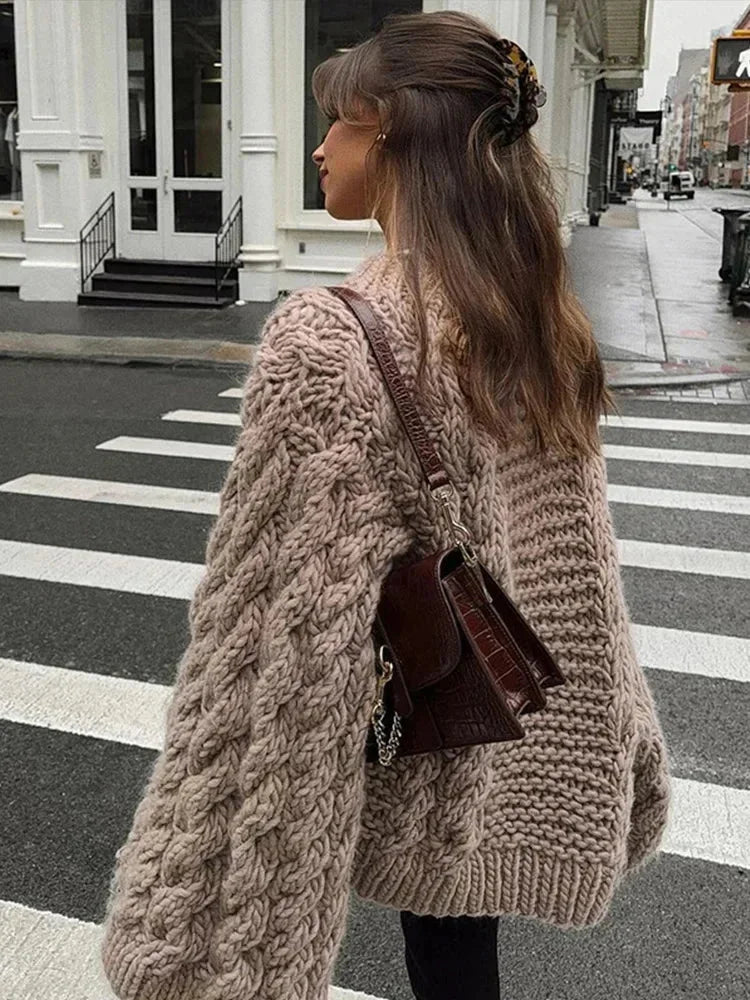 Light brown chunky knit cocoon sweater, wide sleeves, textured cable stitch