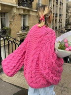 Hot pink chunky knit cocoon sweater, wide sleeves, cable textured knit
