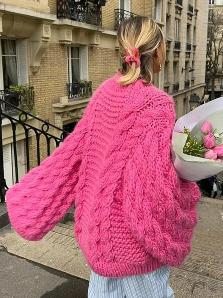 Hot pink chunky knit cocoon sweater, wide sleeves, cable textured knit