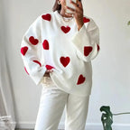 White heart-pattern sweater with red hearts, ribbed cuffs and crewneck
