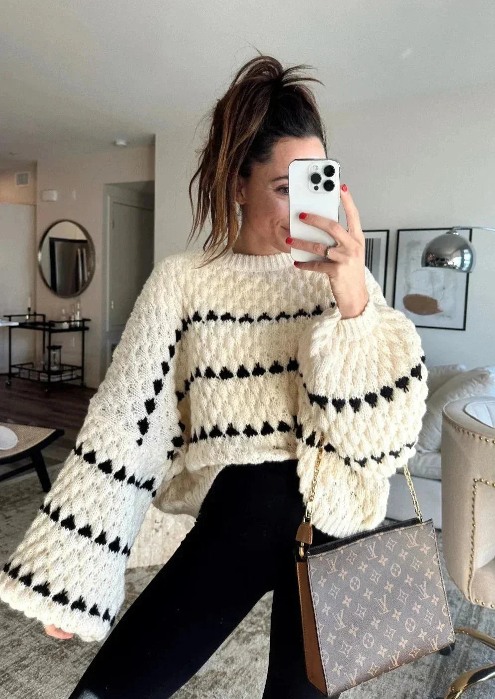 Textured knit sweater, cream with black stripe pattern and textured knit finish