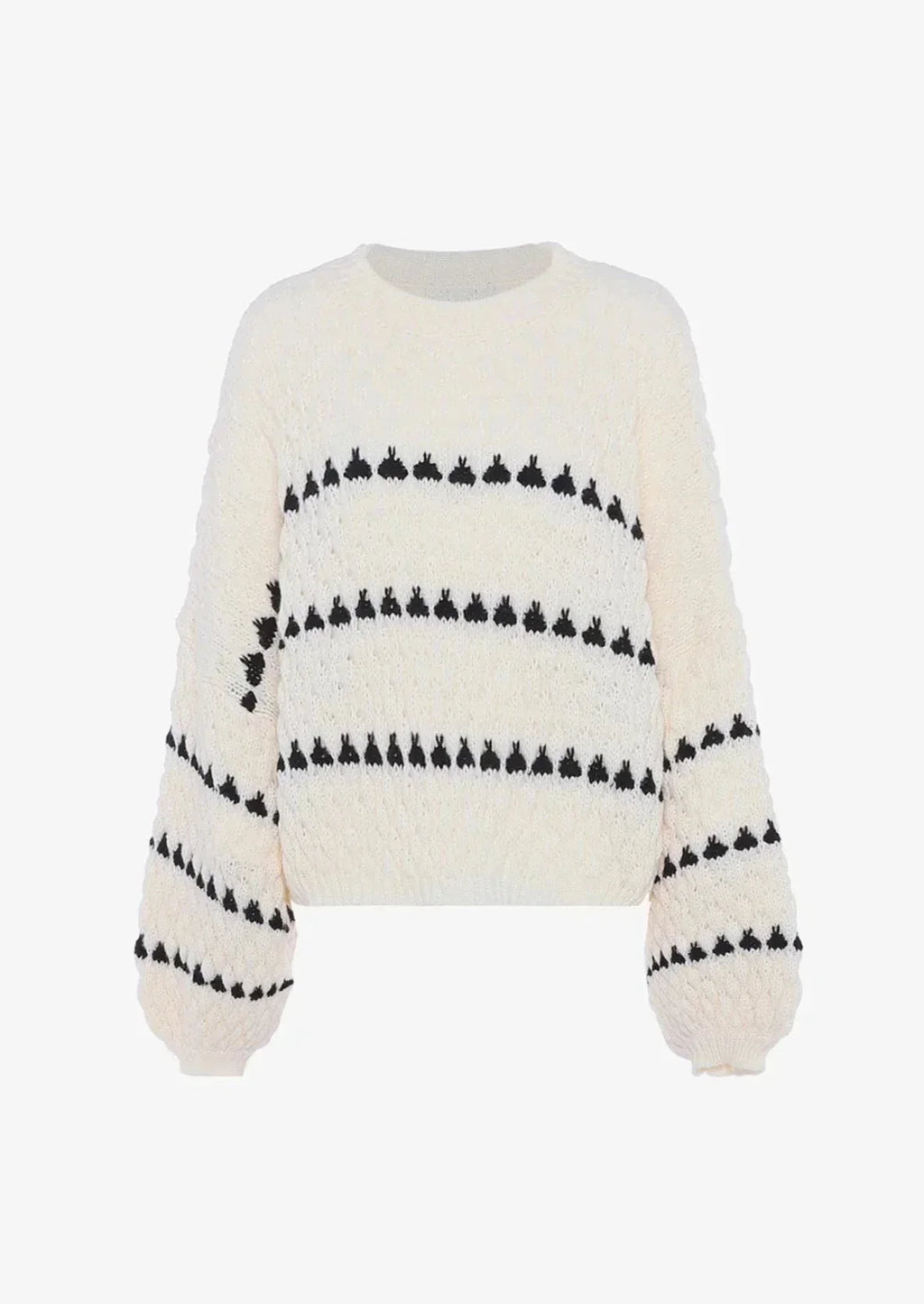 Textured knit sweater, cream with black geometric stripe pattern