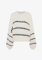 Textured knit sweater, cream with black geometric stripe pattern