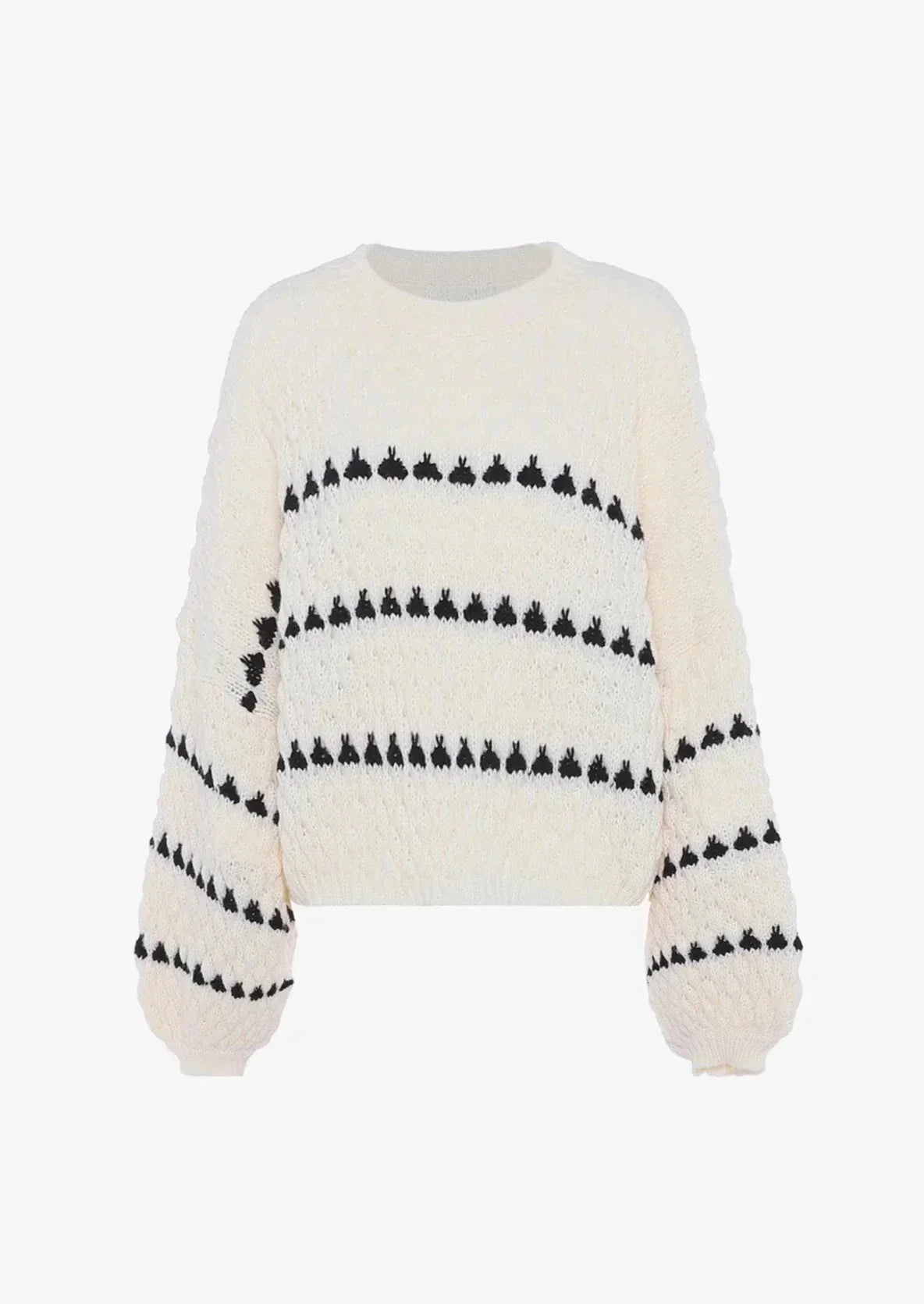 Textured knit sweater, cream with black geometric stripe pattern