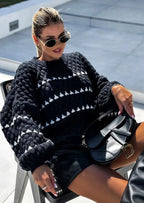 Textured knit sweater, black with white geometric stripe pattern