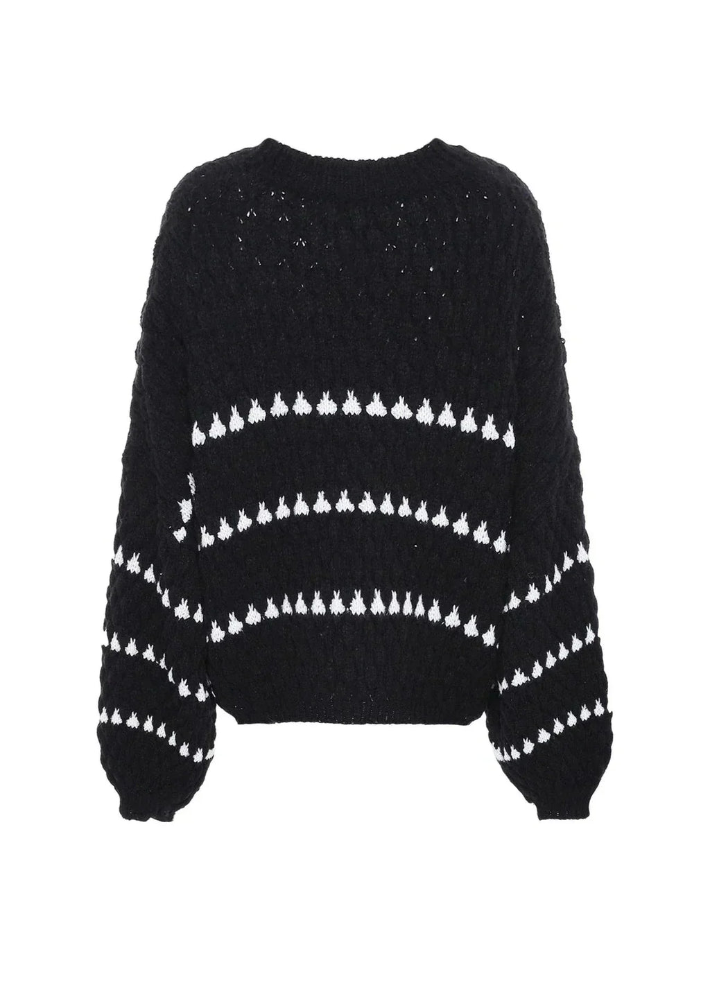 Textured knit sweater, black with white horizontal stripe design