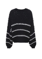 Textured knit sweater, black with white horizontal stripe design