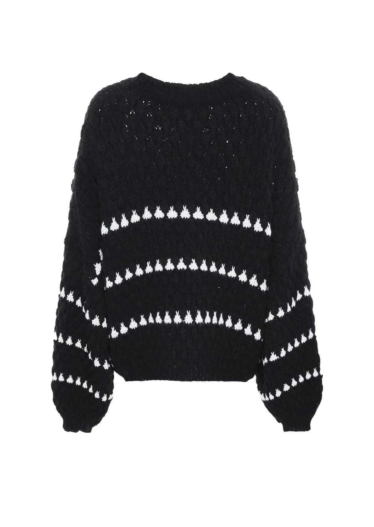 Textured knit sweater, black with white horizontal stripe design
