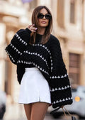 Textured knit sweater, black with white geometric stripe pattern and wide sleeves
