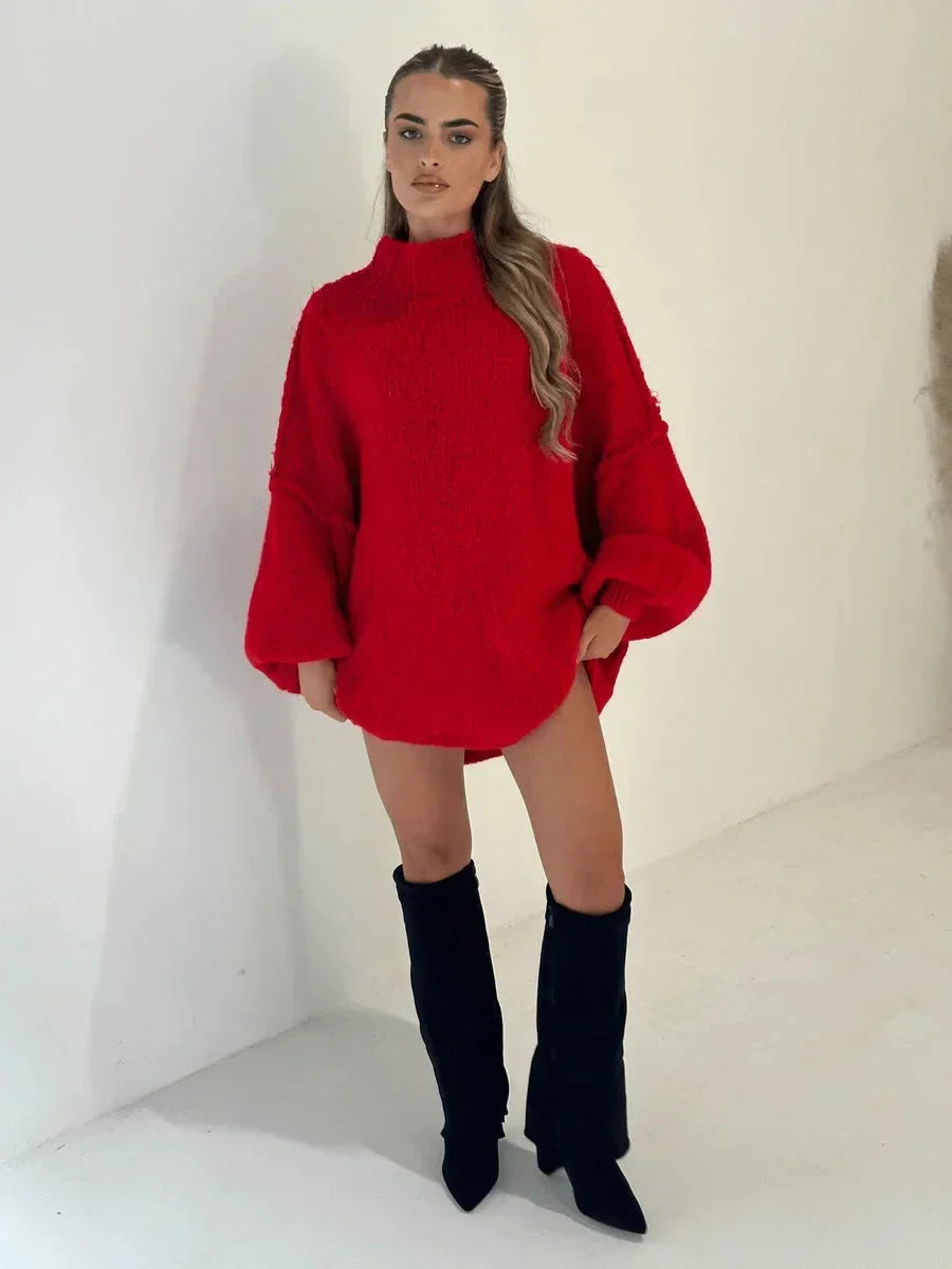 Red loose turtleneck sweater with long sleeves and oversized relaxed silhouette