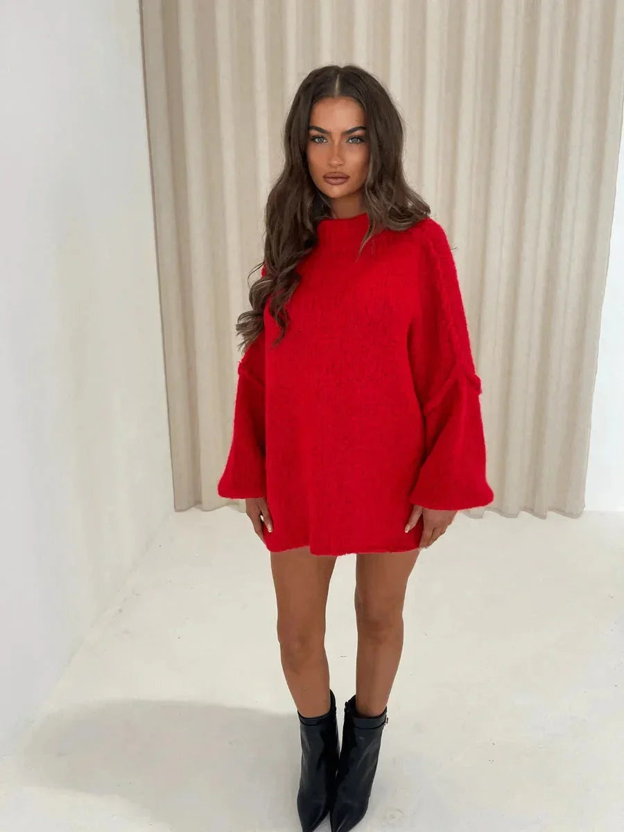 Red loose turtleneck sweater with dropped-shoulder long sleeves