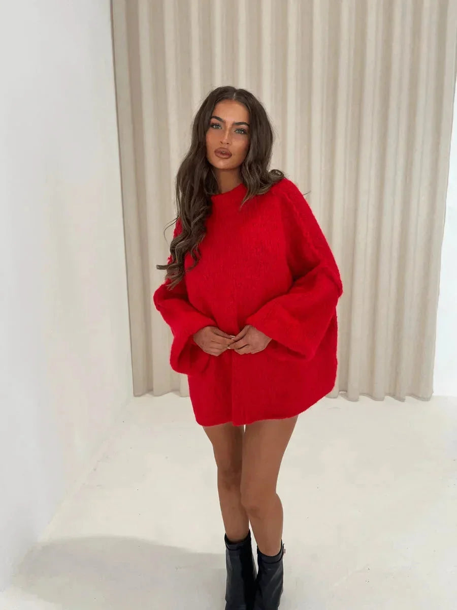 Red loose turtleneck sweater with wide sleeves and relaxed hemline