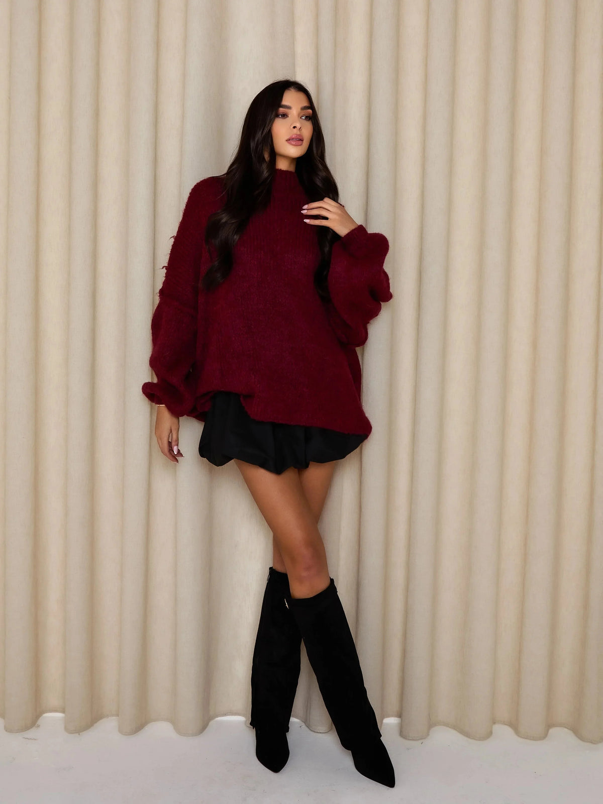 Burgundy loose turtleneck sweater with long sleeves and relaxed fit