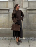 Women’s loose knit sweater, long sleeves, brown; loose fit with ribbed hem