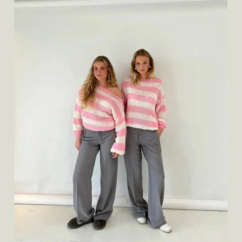 Pink and cream striped cropped knit sweater with wide neckline