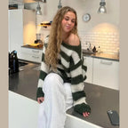 Green and cream striped off-shoulder knit sweater with long sleeves