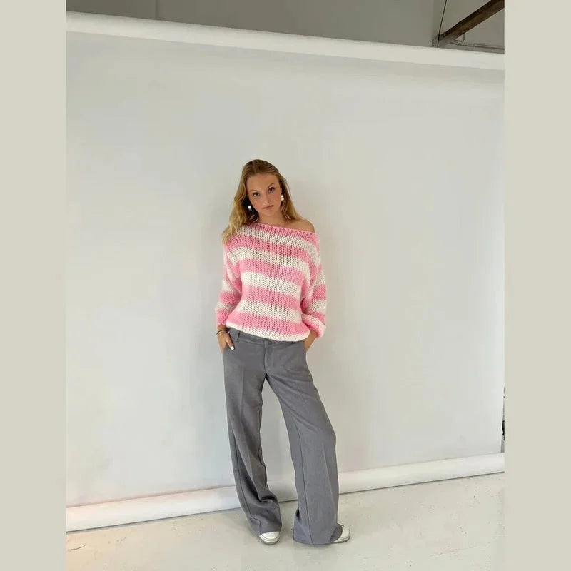 Women’s striped knit sweater, pink and white, crew neck pullover