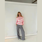 Women’s striped knit sweater, pink and white, crew neck pullover