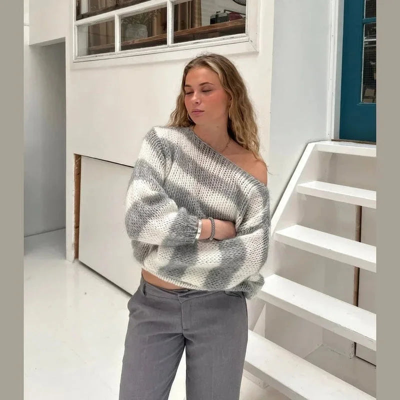 Women’s striped knit sweater, gray and white, loose fit with dropped shoulders