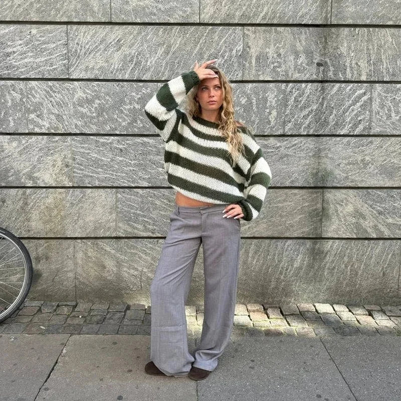 Women’s striped knit sweater in dark green and white, crew neck long sleeves