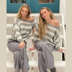 Light gray and white striped off-shoulder knit sweater with long sleeves