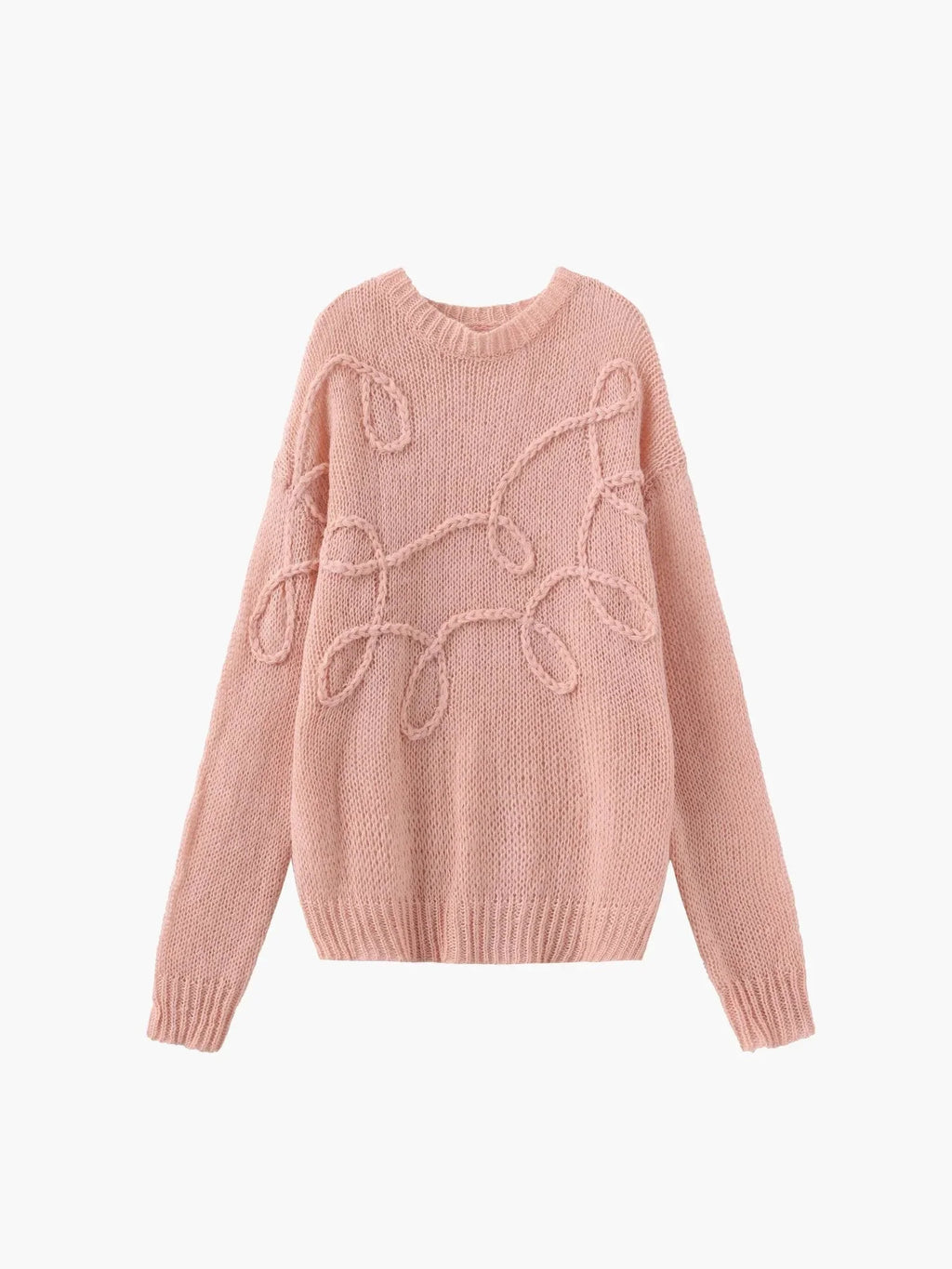 Women's pink sweater, long sleeves, crew neck, raised loop cable pattern
