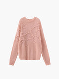Women's pink sweater, long sleeves, crew neck, raised loop cable pattern