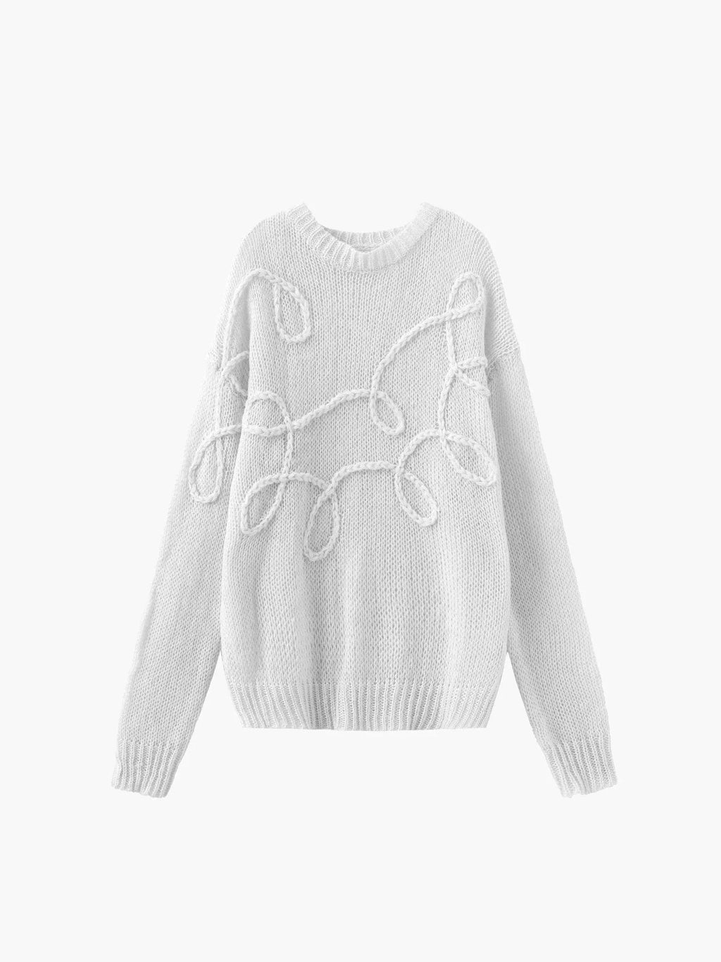 Women's white sweater, long sleeves, crew neck, raised loop cable pattern