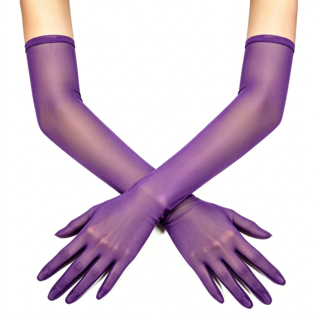 Sheer mesh elbow-length gloves in purple, with smooth fitted wrist cuffs