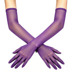 Sheer mesh elbow-length gloves in purple, with smooth fitted wrist cuffs