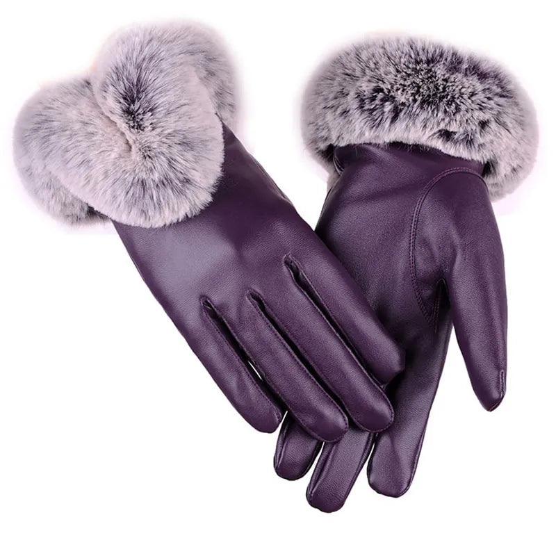 Purple leather gloves with thick gray faux fur cuffs and stitched fingers.