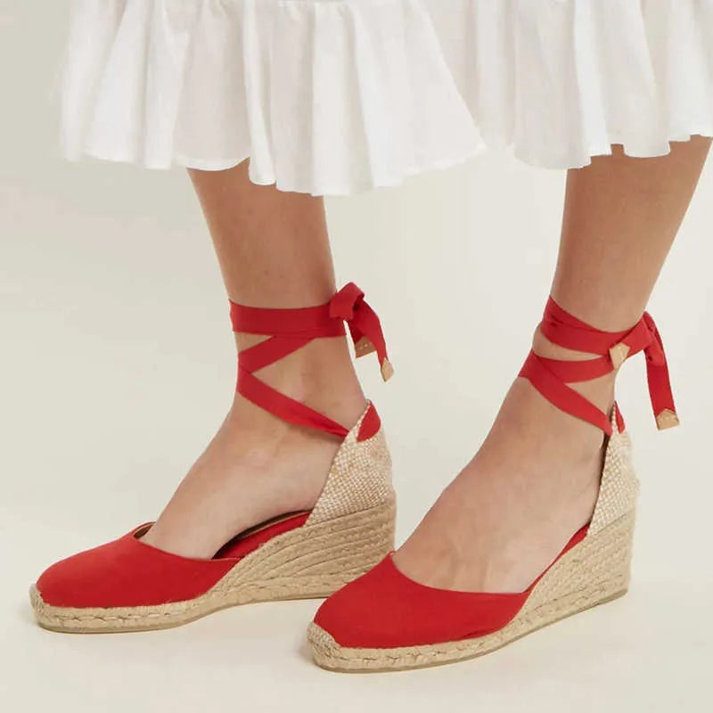 Espadrille wedge sandals with ankle-tie straps, red canvas with braided jute wedge