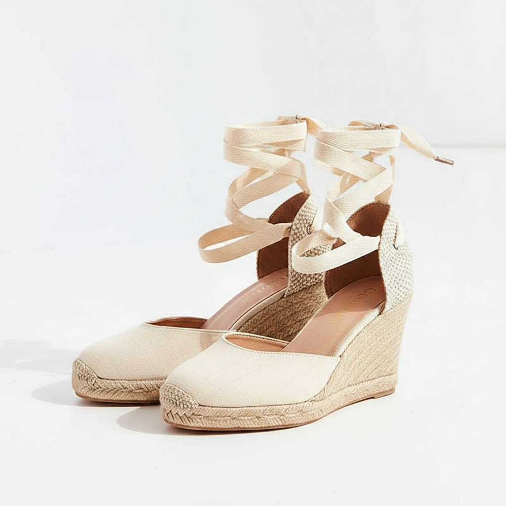 Espadrille wedge sandals, light canvas with ankle-tie straps and braided jute sole