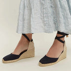 Espadrille wedge sandals with ankle straps, dark canvas uppers and jute wedge