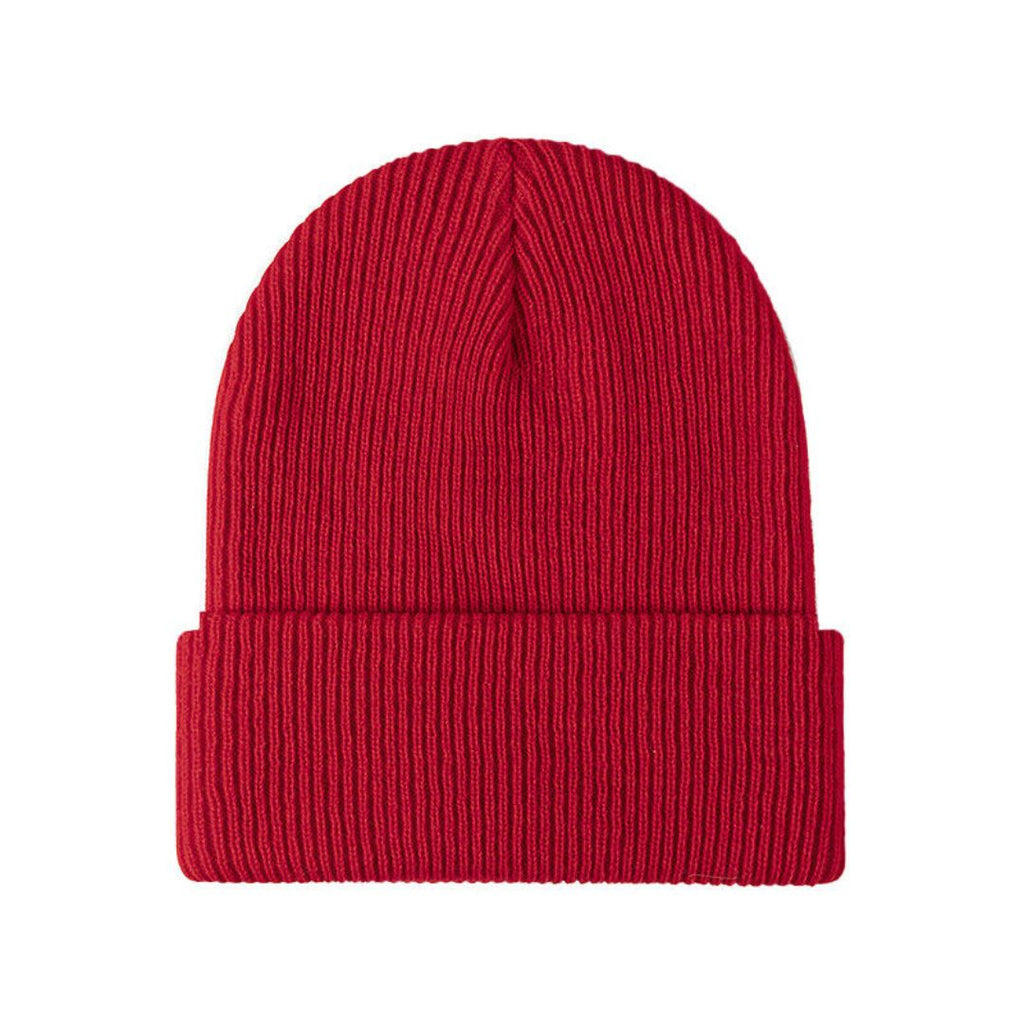 Red knitted beanie with ribbed fold-over brim