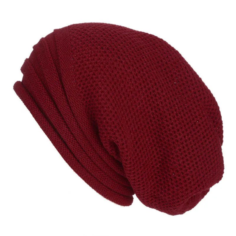 Red knitted beanie with textured knit and folded cuff
