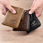 Men's leather RFID wallet, brown and black zippered card holders held by hands with logo